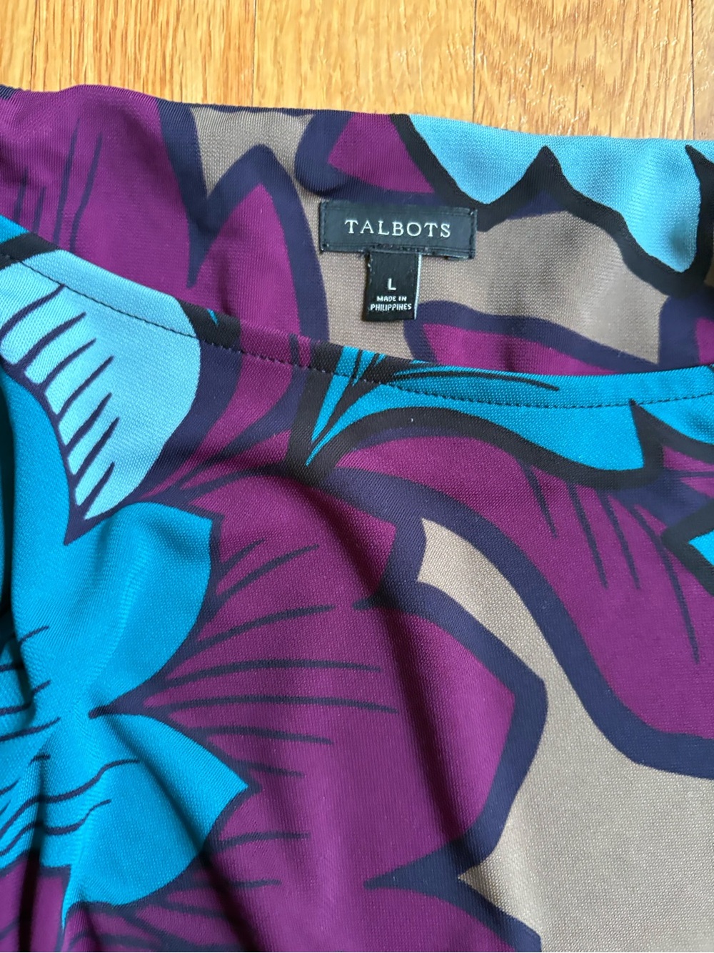 Talbots Floral Twist Waist Midi Dress Size L Blue Purple Stretch - Picture 3 of 5